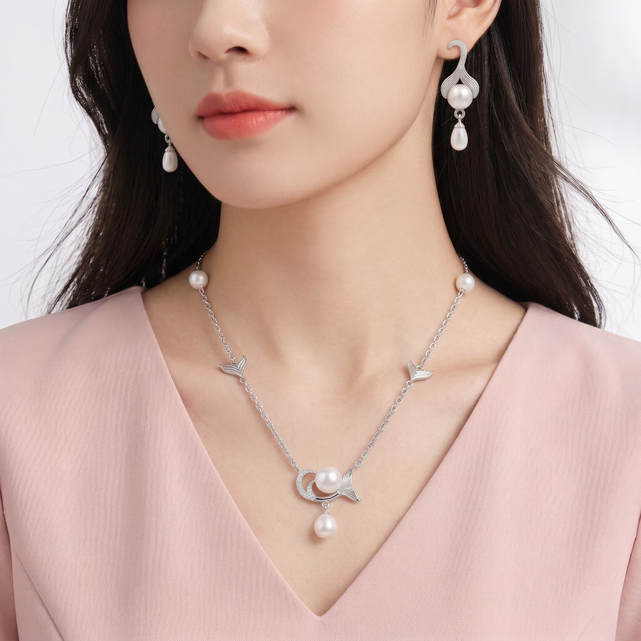925 Sterling Silver Freshwater Pearls Mermaid Tail Drop Pendant Necklace