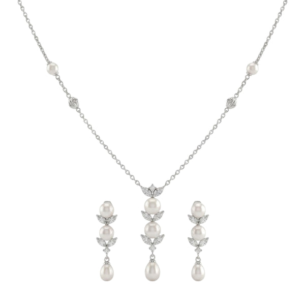925 Sterling Silver Freshwater Pearls Leaf Drop Pendant Necklace