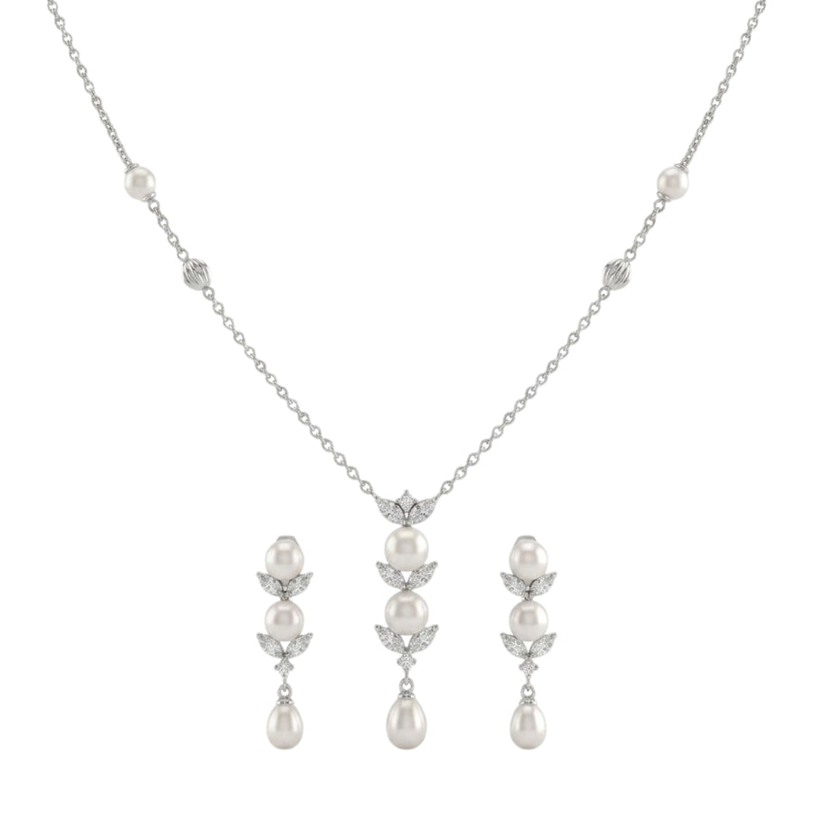 925 Sterling Silver Freshwater Pearls Leaf Drop Pendant Necklace