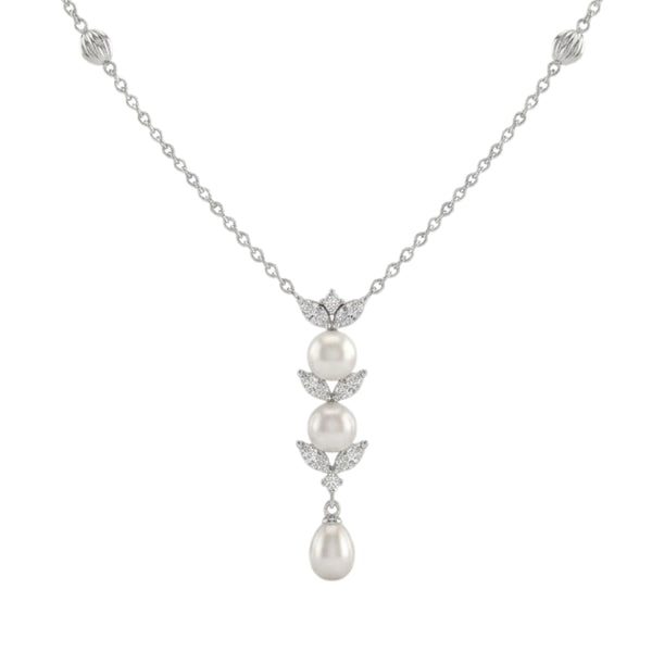 925 Sterling Silver Freshwater Pearls Leaf Drop Pendant Necklace