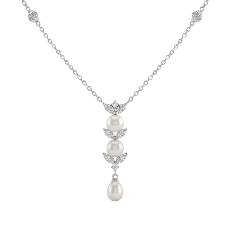 925 Sterling Silver Freshwater Pearls Leaf Drop Pendant Necklace