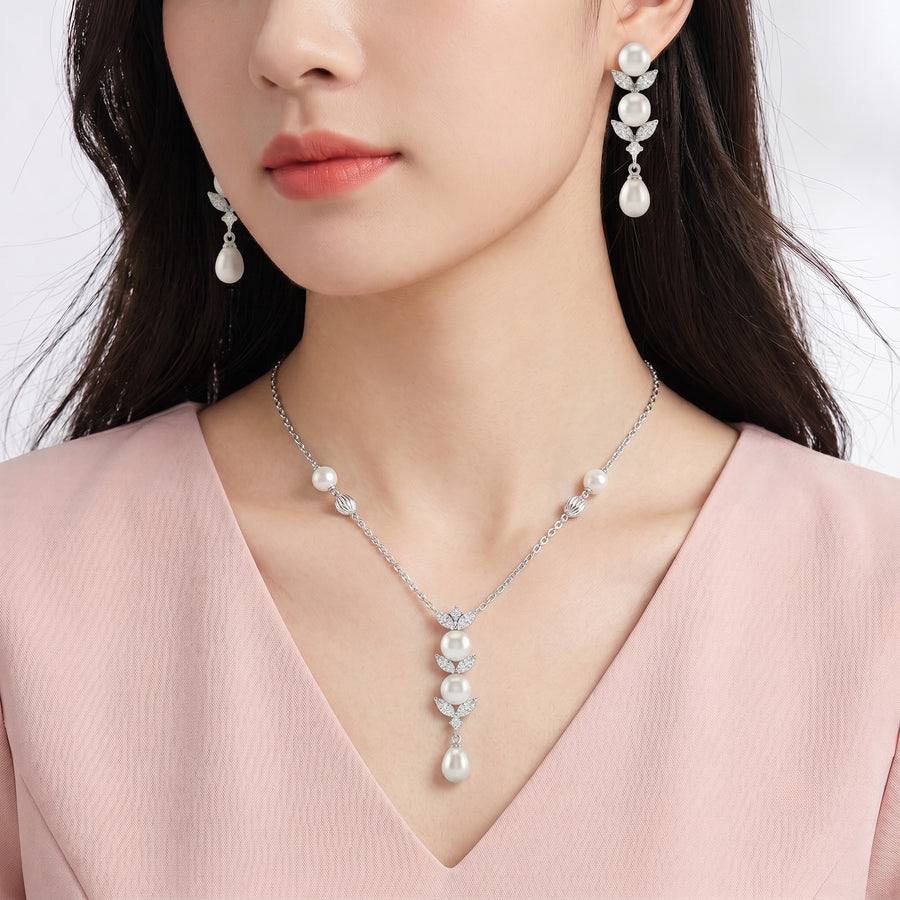 925 Sterling Silver Freshwater Pearls Leaf Drop Pendant Necklace