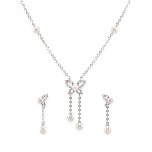 925 Sterling Silver Freshwater Pearls Butterfly Tassel Pendant Necklace
