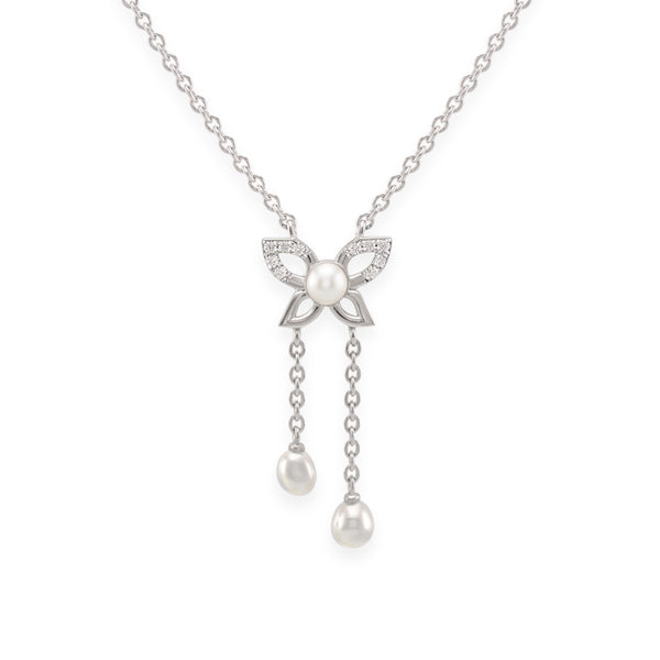 925 Sterling Silver Freshwater Pearls Butterfly Tassel Pendant Necklace
