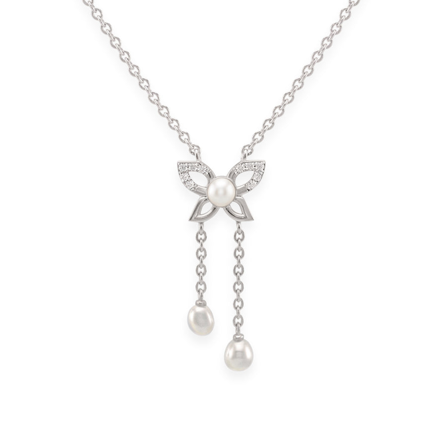 925 Sterling Silver Freshwater Pearls Butterfly Tassel Pendant Necklace