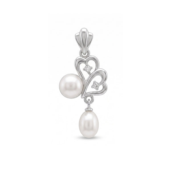 925 Sterling Silver Double Heart Pearl Pendant – Elegant CZ Accent Pearl Charm