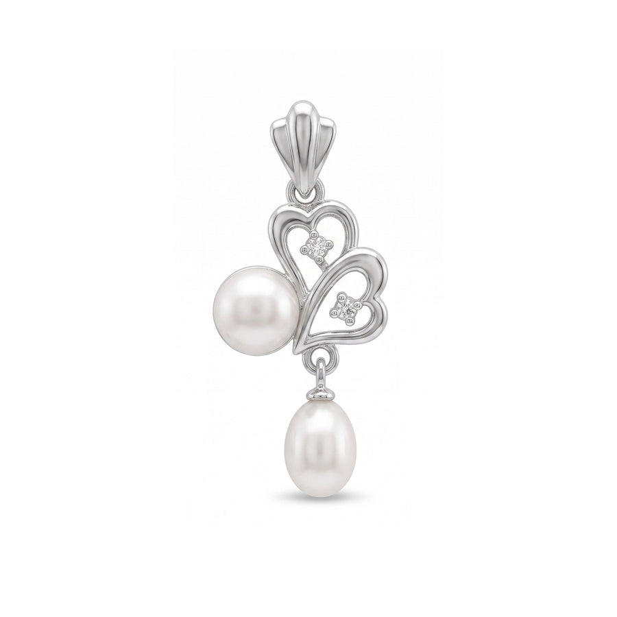 925 Sterling Silver Double Heart Pearl Pendant – Elegant CZ Accent Pearl Charm