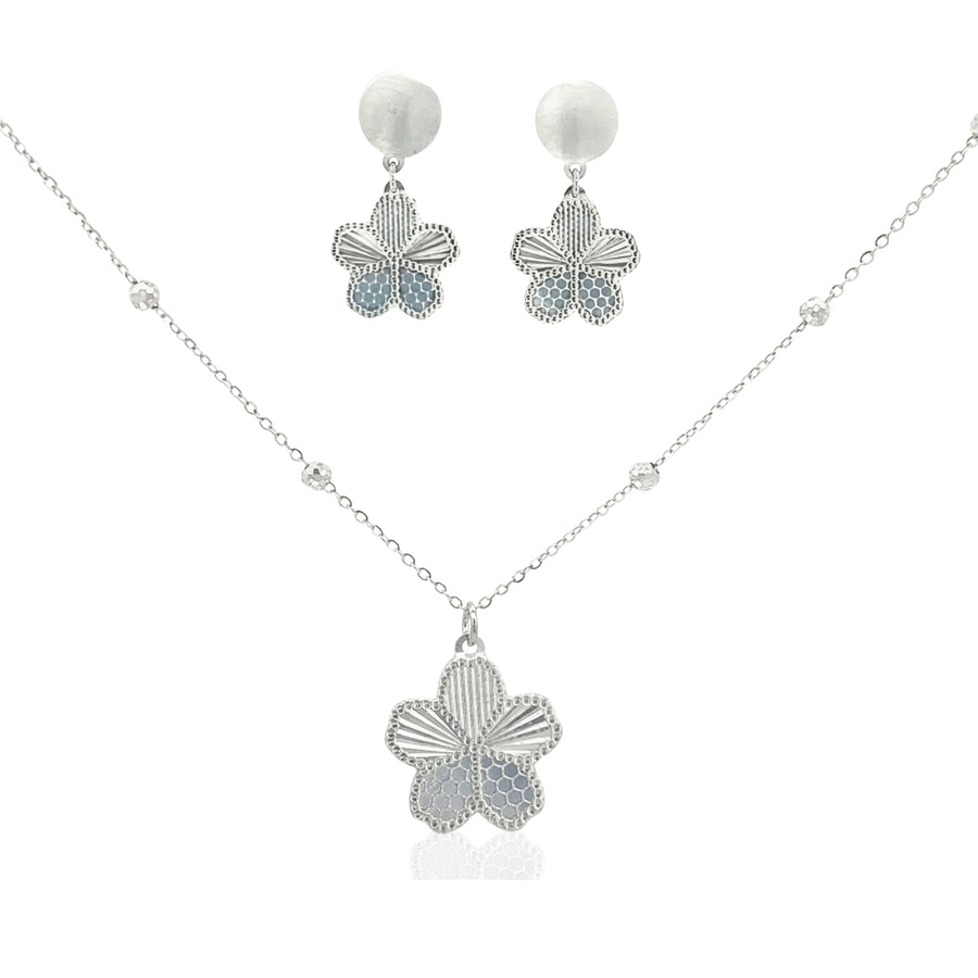 925 Silver Floral Pendant Necklace & Earrings Set – Elegant Textured Flower Jewelry for Women