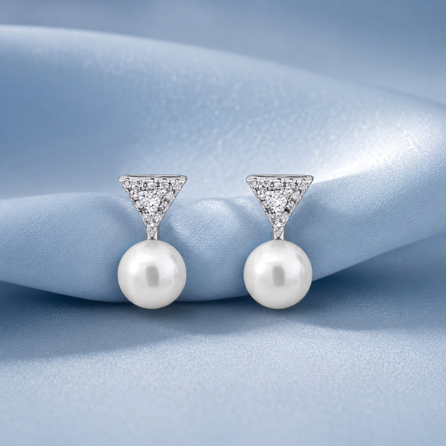 925 Silver Pearl Drop Triangle Stud Earrings
