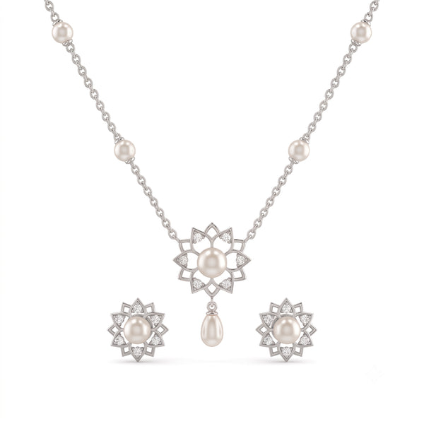 925 Sterling Silver Freshwater Pearls Floral Pendant Necklace & Stud Earrings Jewelry Set