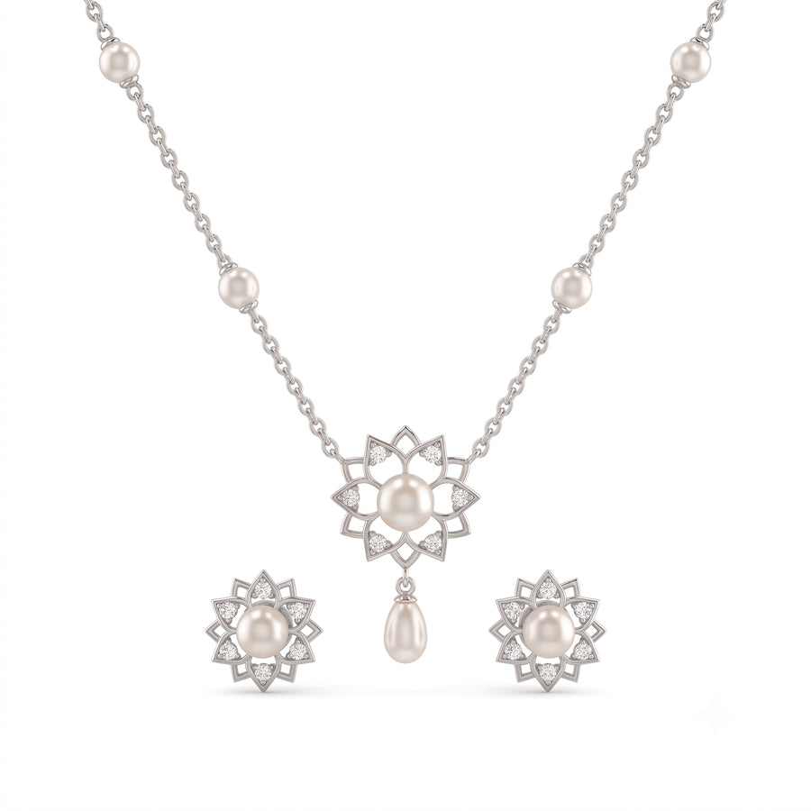 925 Sterling Silver Freshwater Pearls Floral Pendant Necklace & Stud Earrings Jewelry Set