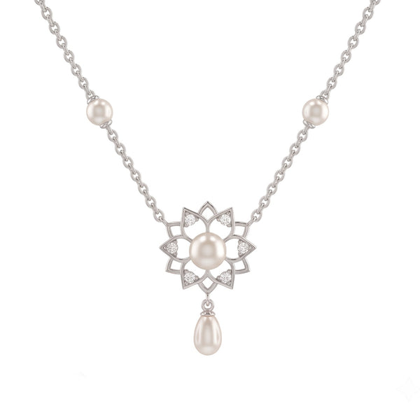 925 Sterling Silver Freshwater Pearls Floral Pendant Necklace & Stud Earrings Jewelry Set