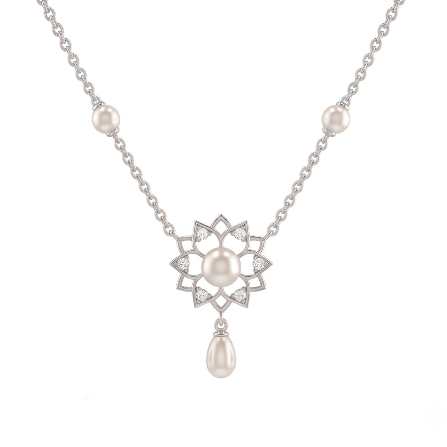 925 Sterling Silver Freshwater Pearls Floral Pendant Necklace & Stud Earrings Jewelry Set