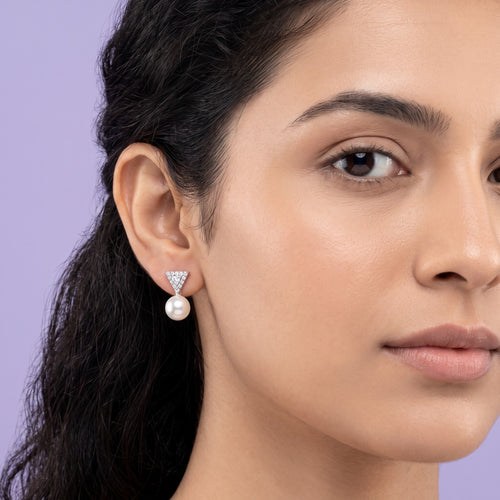 925 Silver Pearl Drop Triangle Stud Earrings