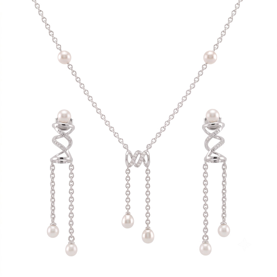 925 Sterling Silver Freshwater Pearls Spiral Tassel Pendant Necklace & Drop Earrings Jewelry Set