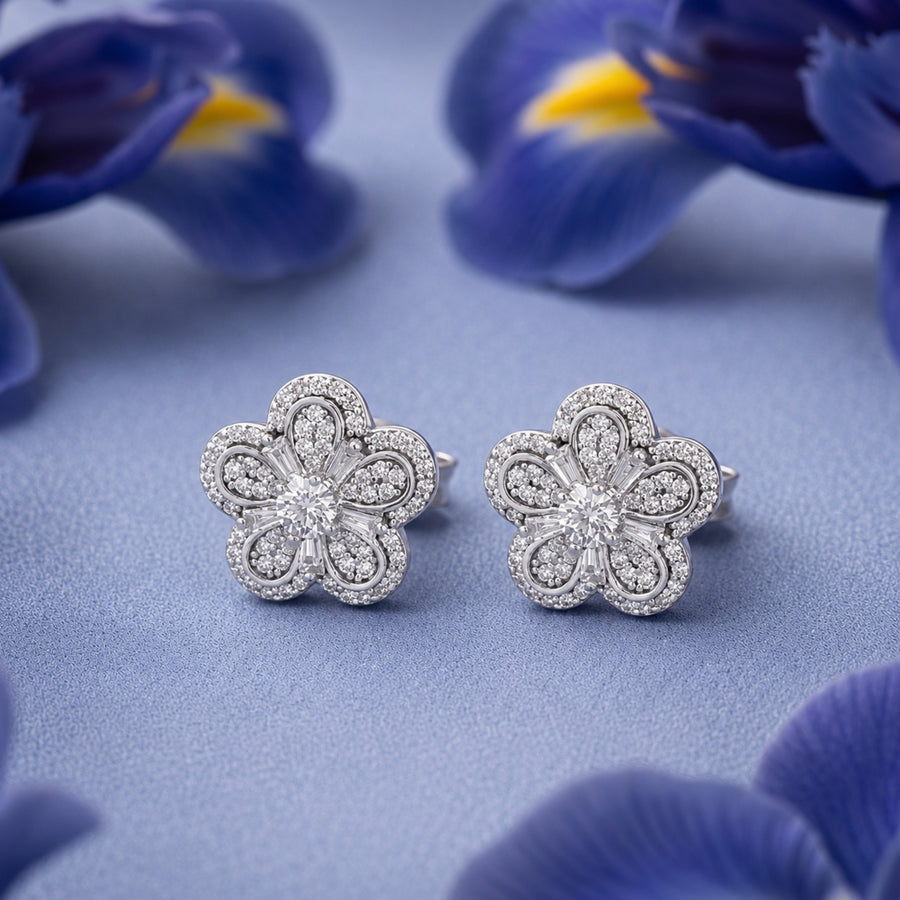 925 Silver Floral Crystal Stud Earrings