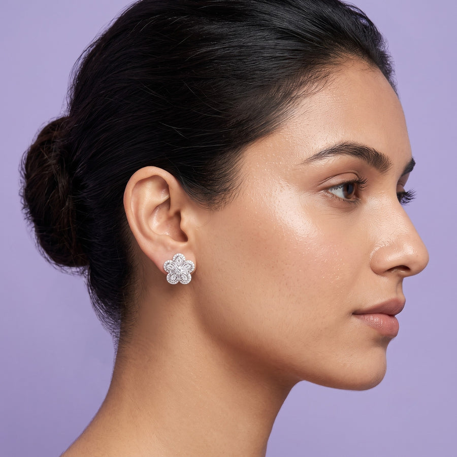 925 Silver Floral Crystal Stud Earrings