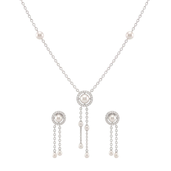 925 Sterling Silver Freshwater Pearls Halo Tassel Pendant Necklace & Drop Earrings Jewelry Set