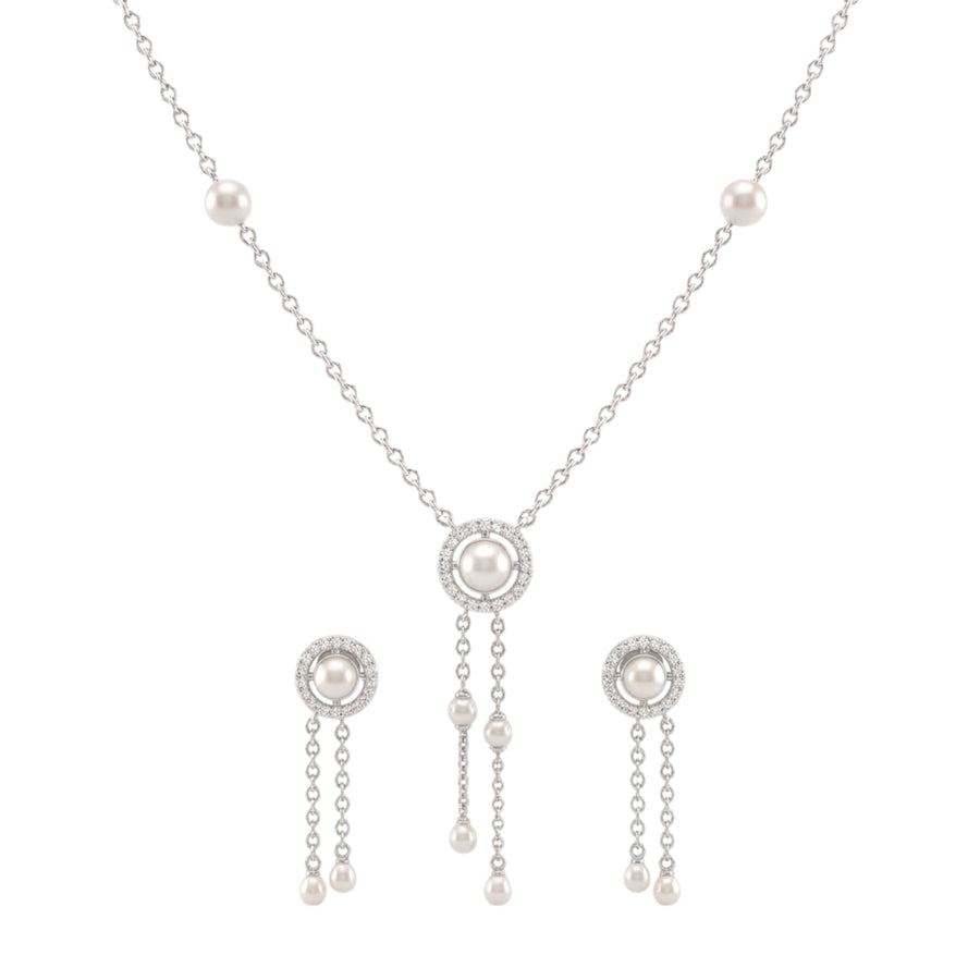 925 Sterling Silver Freshwater Pearls Halo Tassel Pendant Necklace & Drop Earrings Jewelry Set