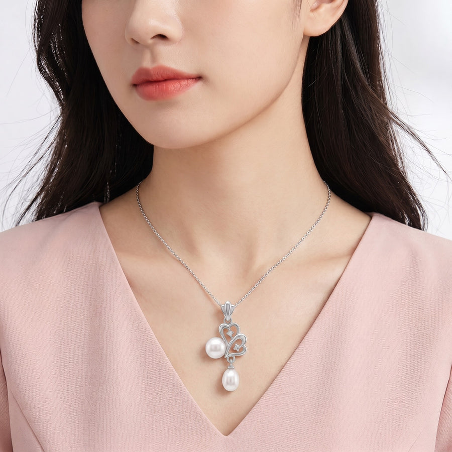 925 Sterling Silver Double Heart Pearl Pendant – Elegant CZ Accent Pearl Charm