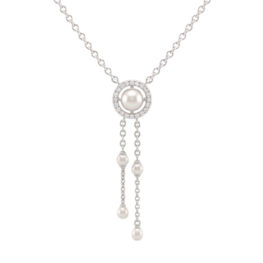 925 Sterling Silver Freshwater Pearls Halo Tassel Pendant Necklace & Drop Earrings Jewelry Set