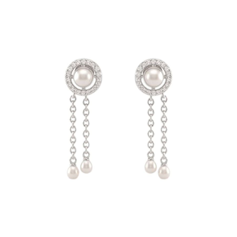 925 Sterling Silver Freshwater Pearls Halo Tassel Pendant Necklace & Drop Earrings Jewelry Set