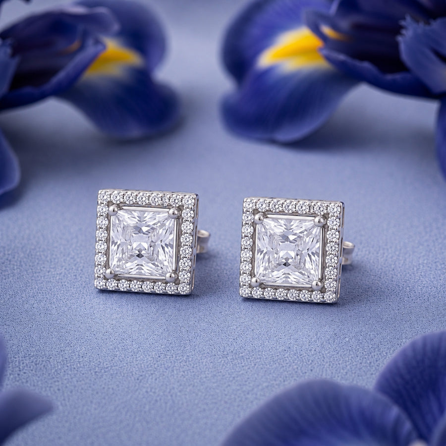 925 Sterling Silver Princess Cut Crystal Stud Earrings