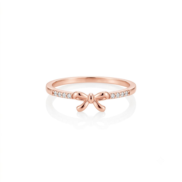 925 Sterling Silver Rose Gold Bow Ring – Dainty CZ Ribbon Ring for Women