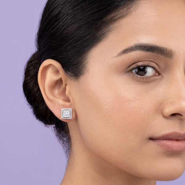 925 Sterling Silver Princess Cut Crystal Stud Earrings