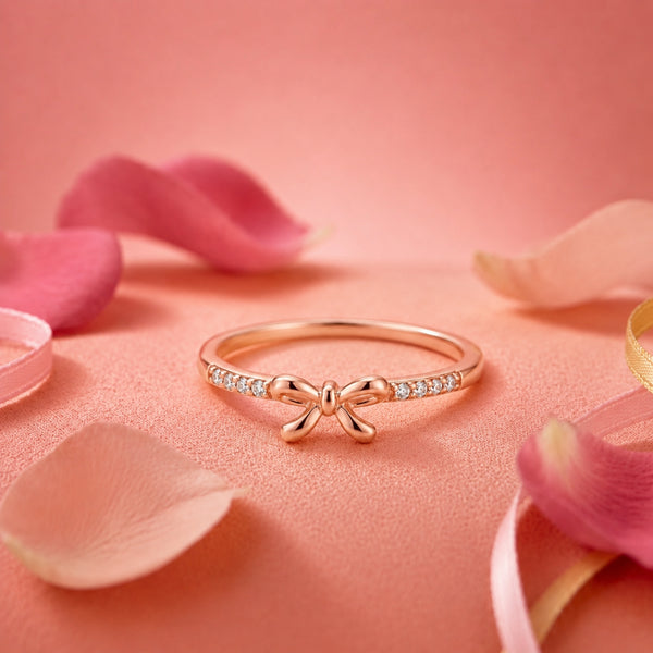 925 Sterling Silver Rose Gold Bow Ring – Dainty CZ Ribbon Ring for Women