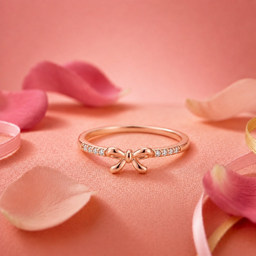 925 Sterling Silver Rose Gold Bow Ring – Dainty CZ Ribbon Ring for Women