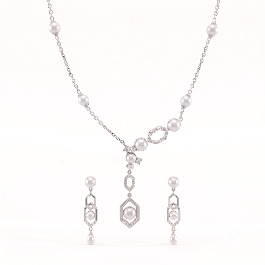 925 Sterling Silver Freshwater Pearls Geometric Pendant Necklace & Drop Earrings Jewelry Set