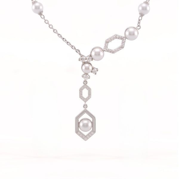 925 Sterling Silver Freshwater Pearls Geometric Pendant Necklace & Drop Earrings Jewelry Set