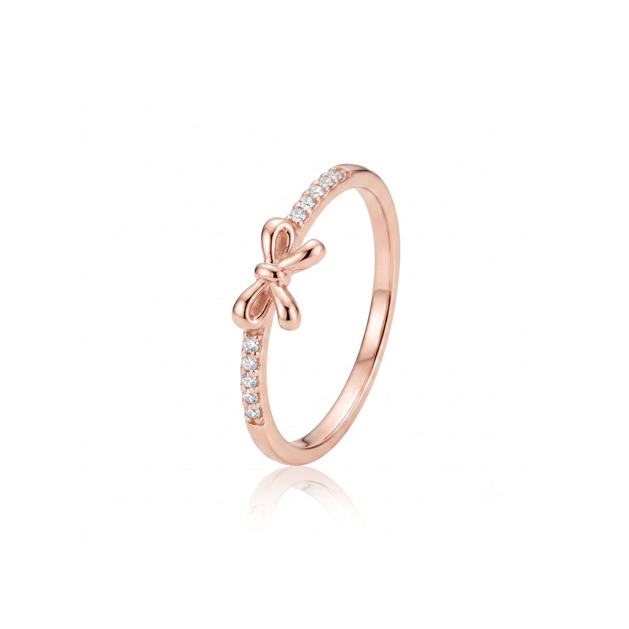 925 Sterling Silver Rose Gold Bow Ring – Dainty CZ Ribbon Ring for Women