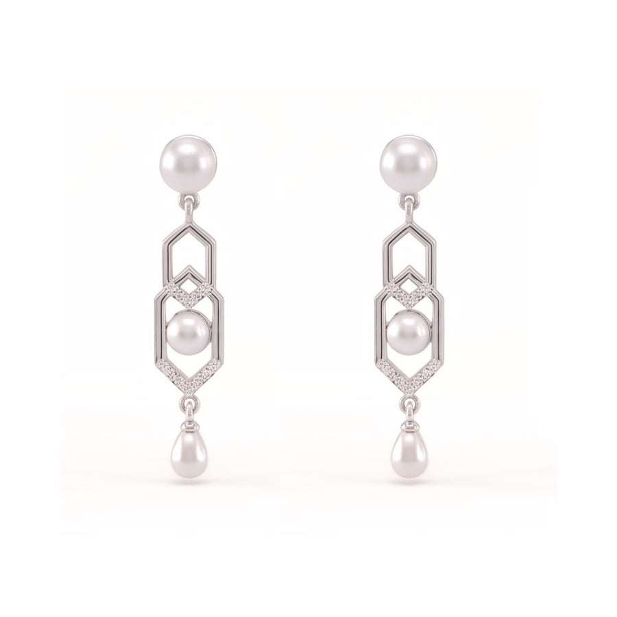 925 Sterling Silver Freshwater Pearls Geometric Pendant Necklace & Drop Earrings Jewelry Set