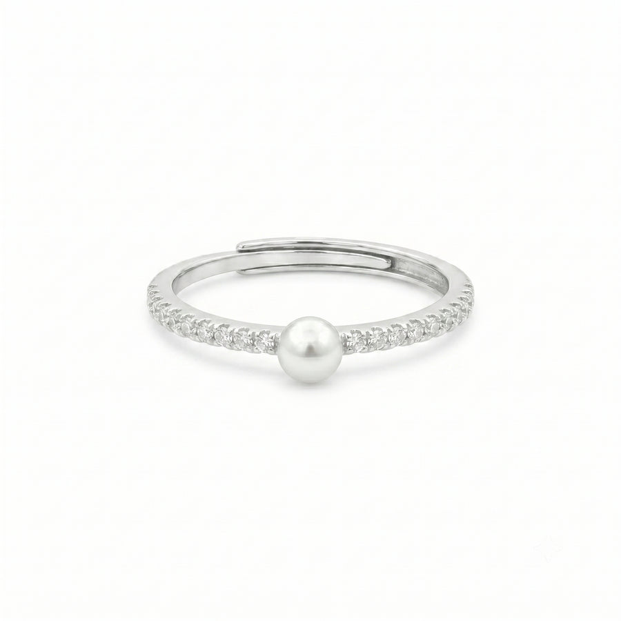 925 Sterling Silver Pearl Ring – Adjustable CZ Accent Minimalist Ring for Women