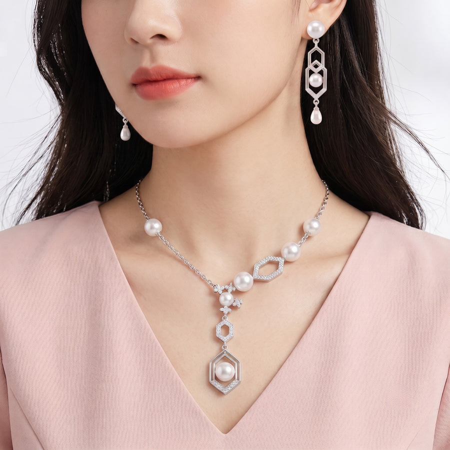 925 Sterling Silver Freshwater Pearls Geometric Pendant Necklace & Drop Earrings Jewelry Set