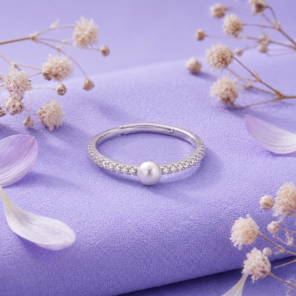 925 Sterling Silver Pearl Ring – Adjustable CZ Accent Minimalist Ring for Women