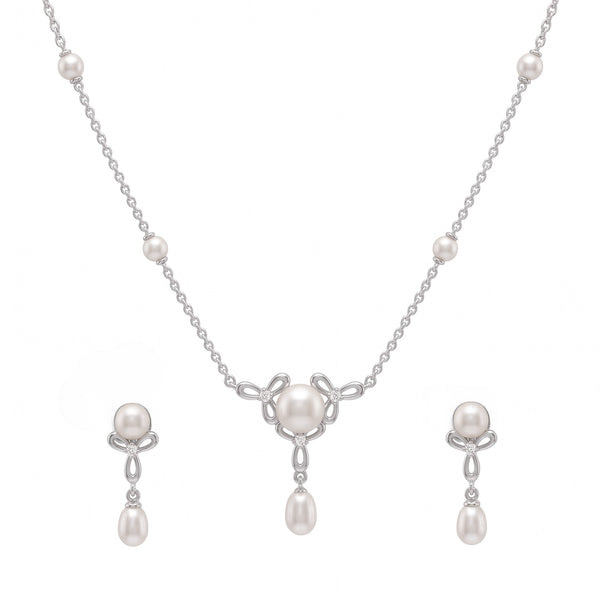 925 Sterling Silver Freshwater Pearls Bow Pendant Necklace & Drop Earrings Jewelry Set