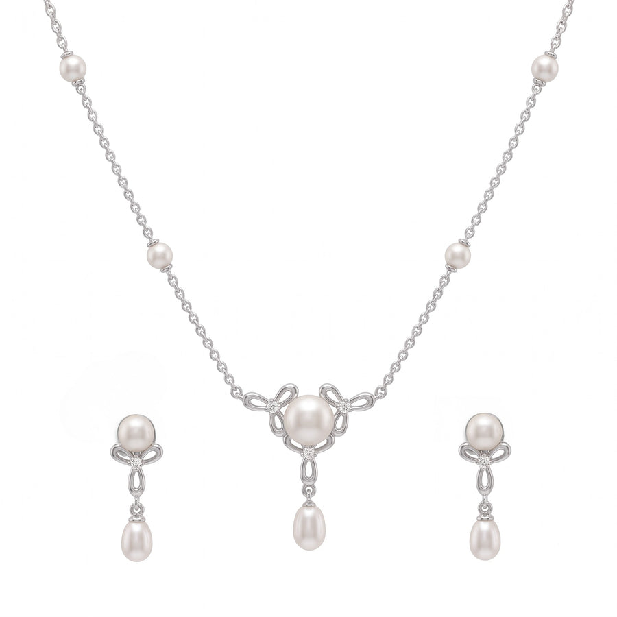 925 Sterling Silver Freshwater Pearls Bow Pendant Necklace & Drop Earrings Jewelry Set