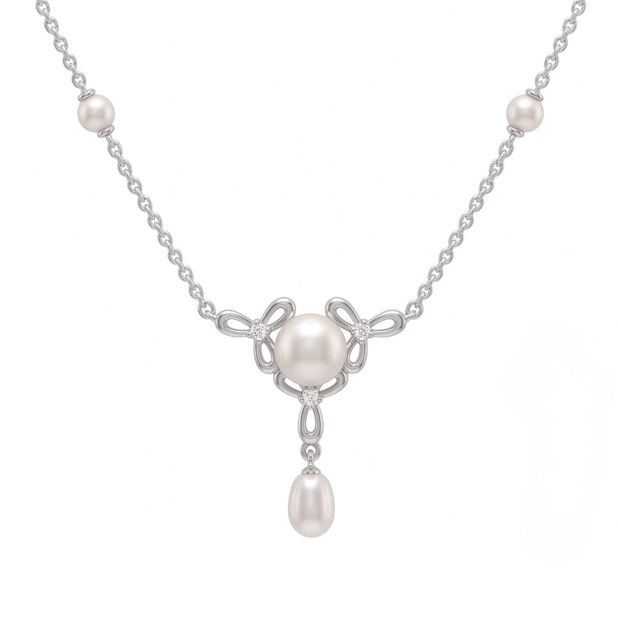 925 Sterling Silver Freshwater Pearls Bow Pendant Necklace & Drop Earrings Jewelry Set