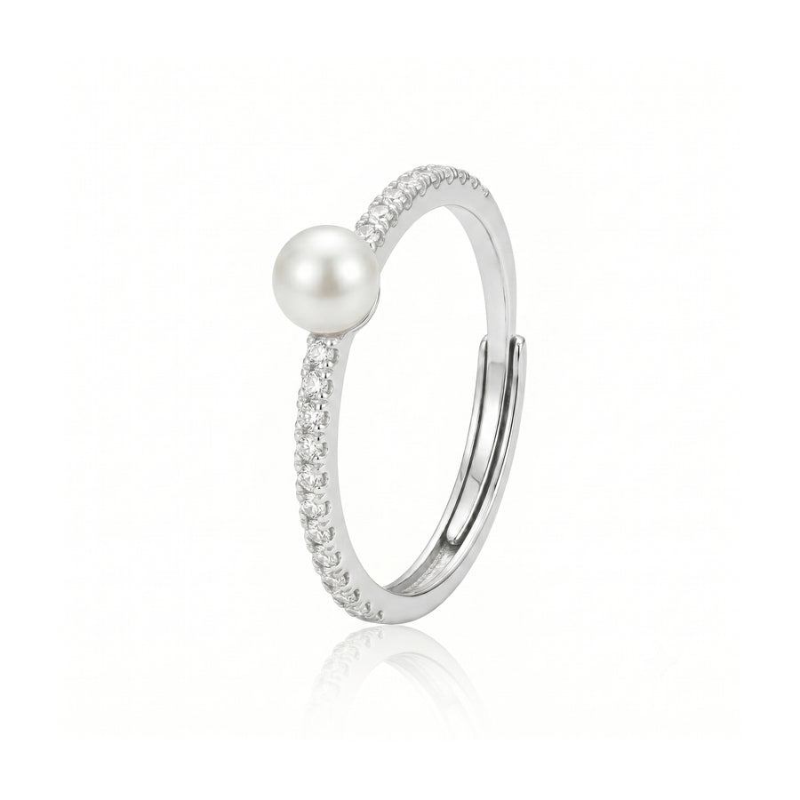 925 Sterling Silver Pearl Ring – Adjustable CZ Accent Minimalist Ring for Women