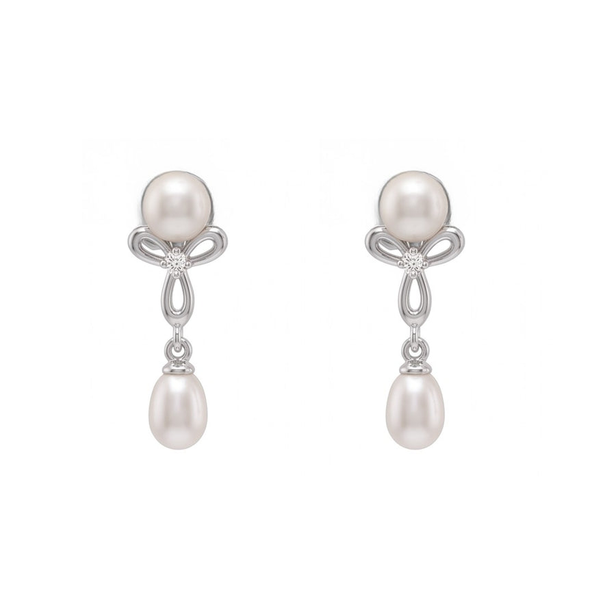 925 Sterling Silver Freshwater Pearls Bow Pendant Necklace & Drop Earrings Jewelry Set