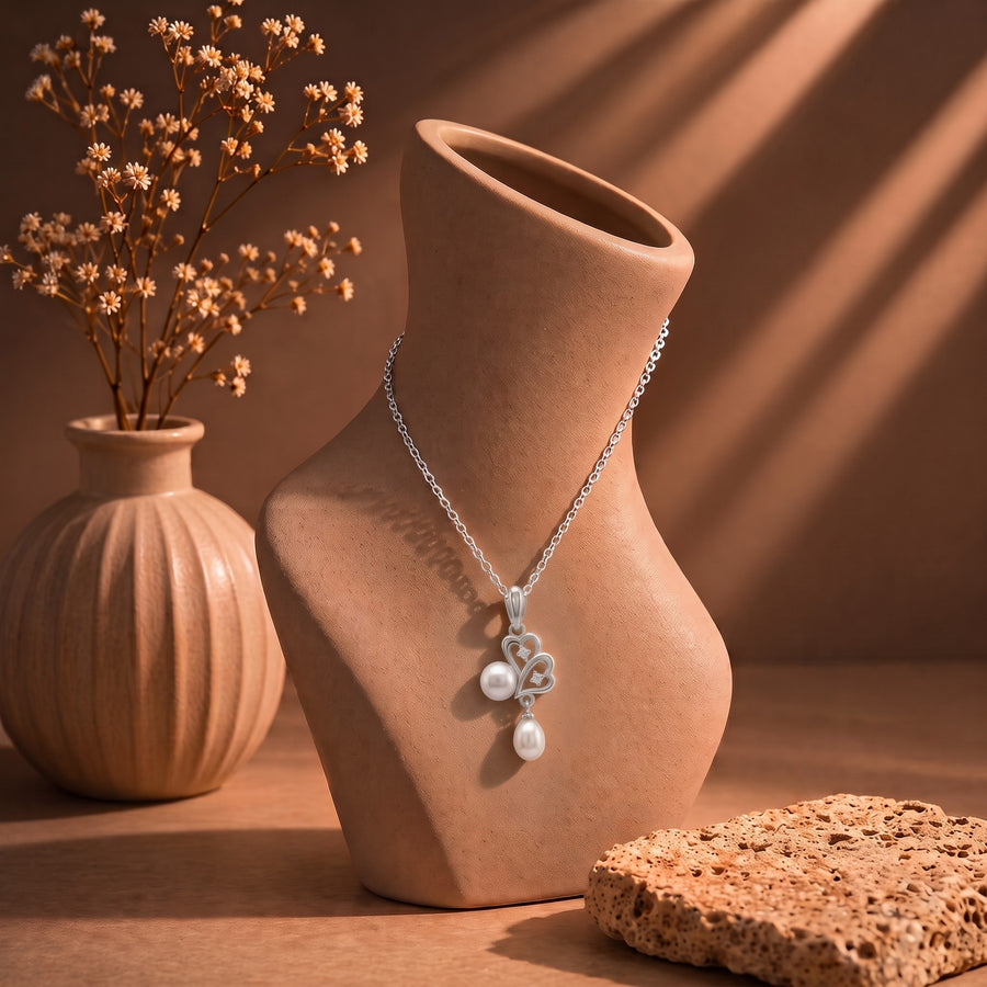 925 Sterling Silver Double Heart Pearl Pendant – Elegant CZ Accent Pearl Charm