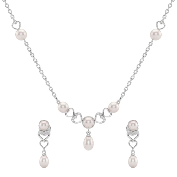 925 Sterling Silver Freshwater Pearls Double Heart Pendant Necklace & Drop Earrings Jewelry Set