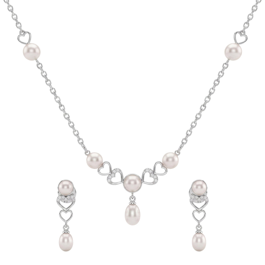 925 Sterling Silver Freshwater Pearls Double Heart Pendant Necklace & Drop Earrings Jewelry Set