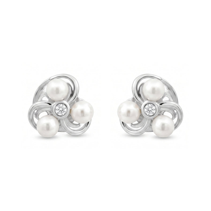 925 Sterling Silver Freshwater Pearl Floral Stud Earrings with Cubic Zirconia