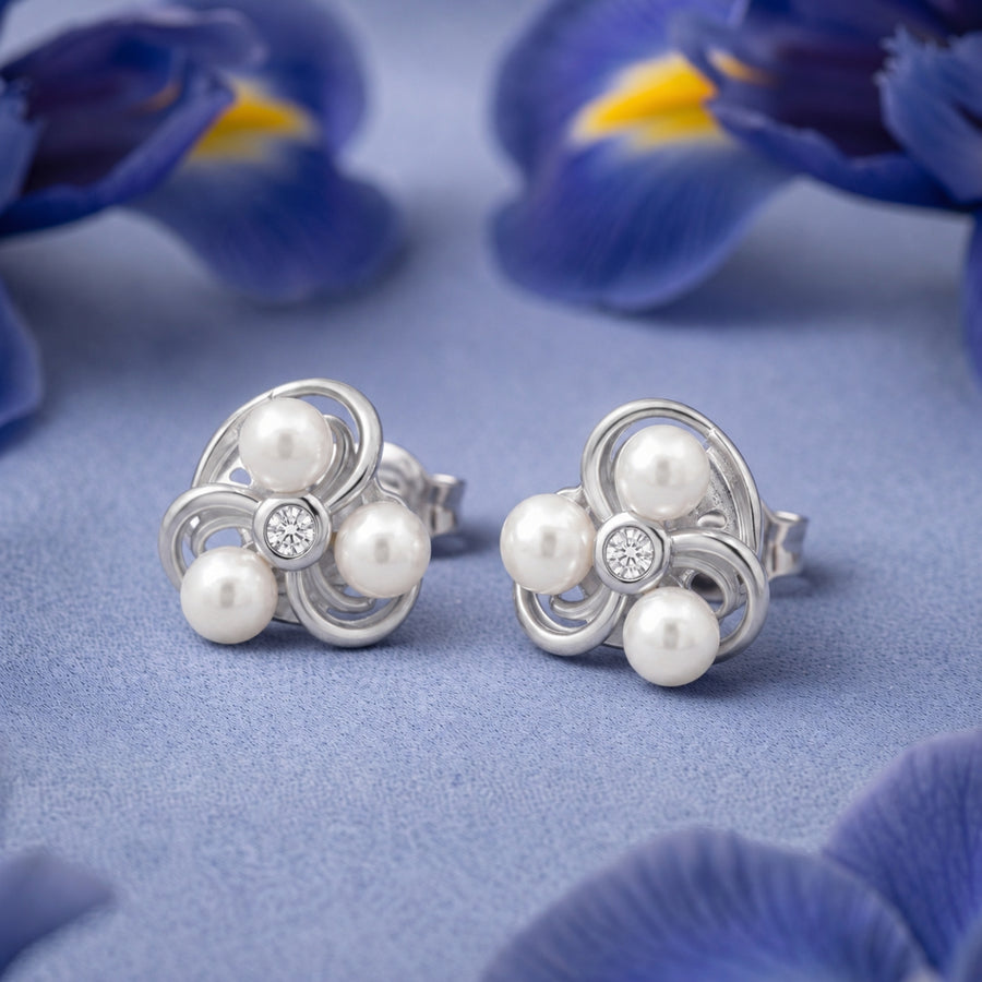 925 Sterling Silver Freshwater Pearl Floral Stud Earrings with Cubic Zirconia