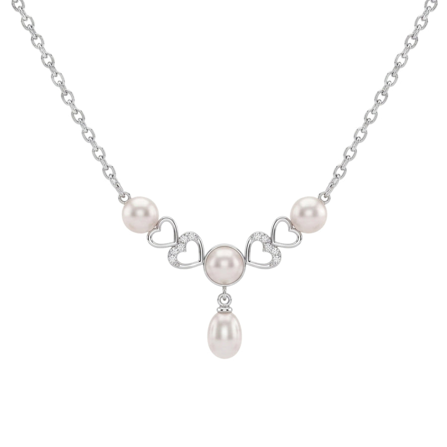 925 Sterling Silver Freshwater Pearls Double Heart Pendant Necklace & Drop Earrings Jewelry Set