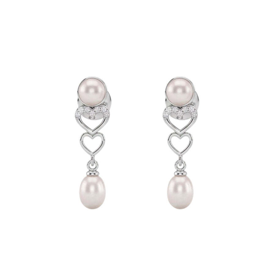 925 Sterling Silver Freshwater Pearls Double Heart Pendant Necklace & Drop Earrings Jewelry Set